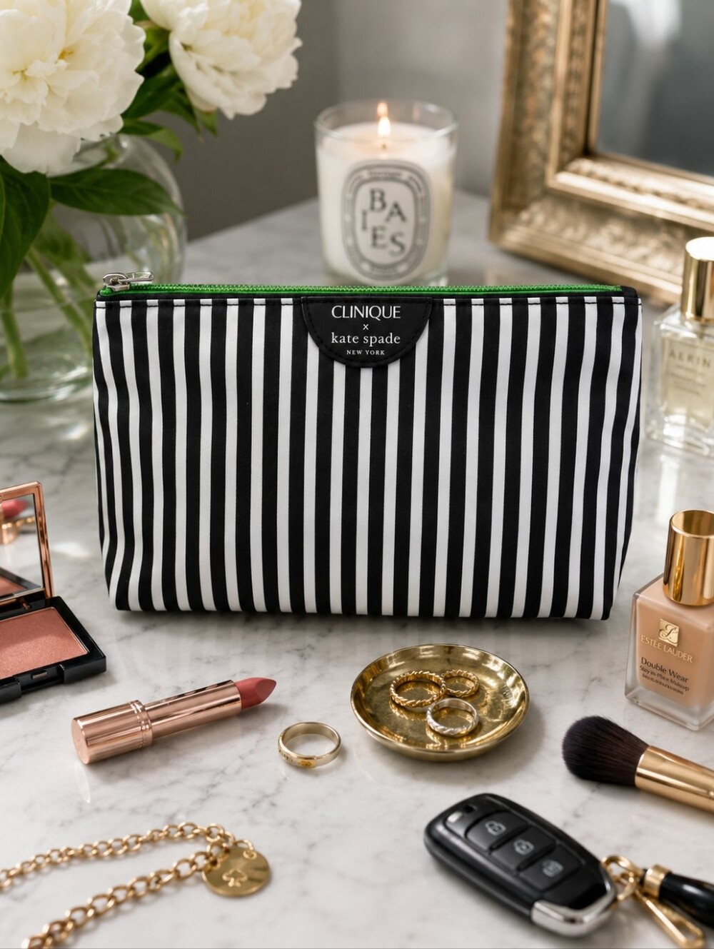 Clinique x kate spade Black and White Striped Cosmetic Pouch